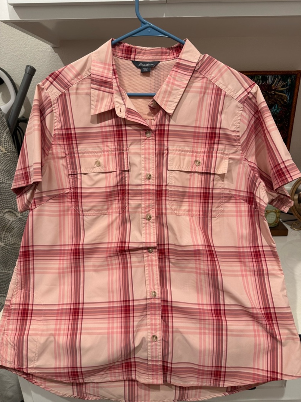 Eddie Bauer Pink Plaid Moisture Wicking Adventure Shirt Blouse